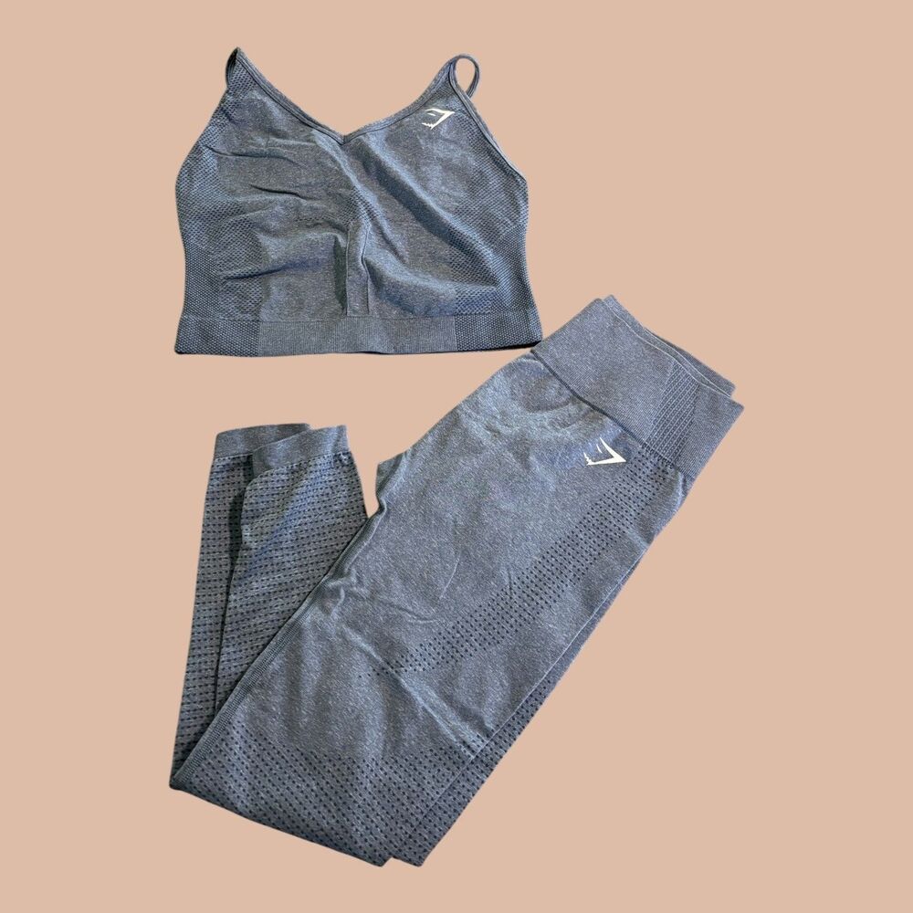 Gymshark Vital Seamless 2.0 Marl Leggings & Sports Bra Set Womens L Blue Stretch